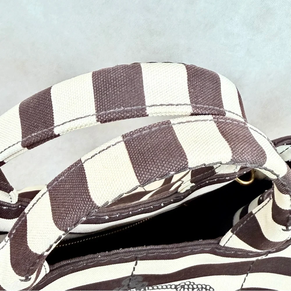 Prada Canapa Tote Chocolate Brown & Ivory Stripes w Strap + Dust Bags